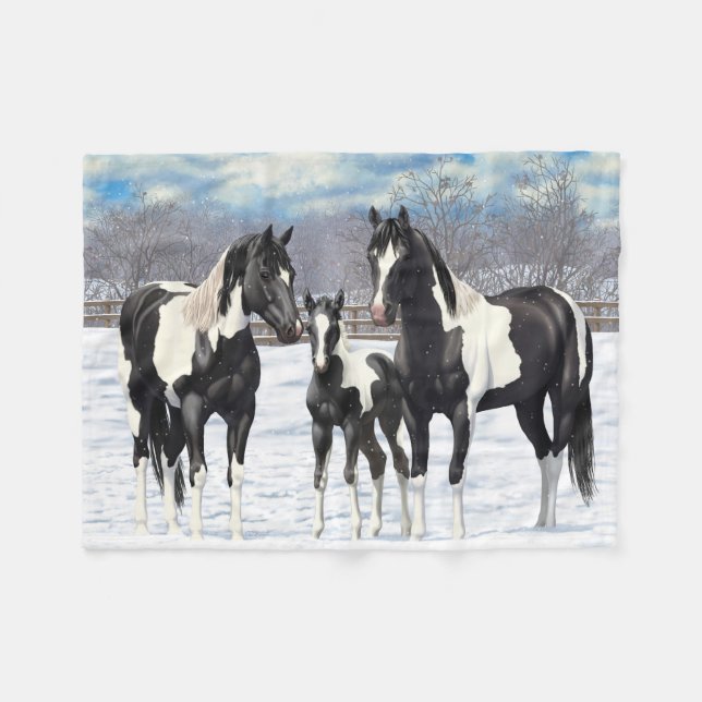 Black Pinto Quarter Horse Paint Horses In Snow Fleece Blanket (Front (Horizontal))