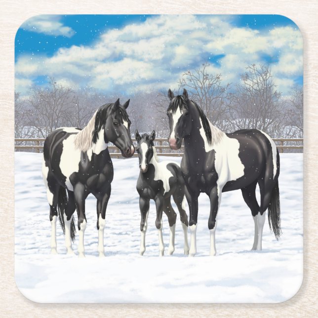 Black Pinto Quarter Horse Paint Horses In Snow Square Paper Coaster (Front)