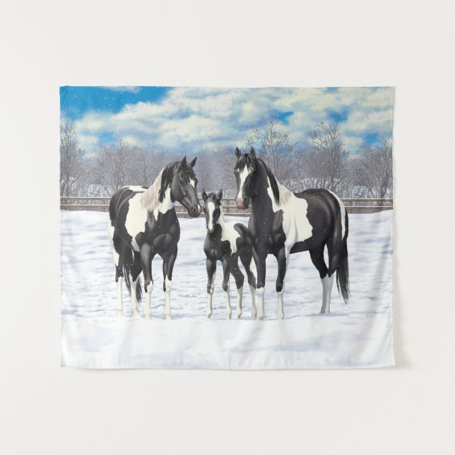 Black Pinto Quarter Horse Paint Horses In Snow Tapestry (Front (Horizontal))