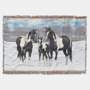 Black Pinto Quarter Horse Paint Horses In Snow Throw Blanket