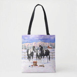 Black Pinto Quarter Horse Paint Horses In Snow Tote Bag