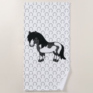 Black Pinto Shetland Pony Cartoon Illustration Beach Towel