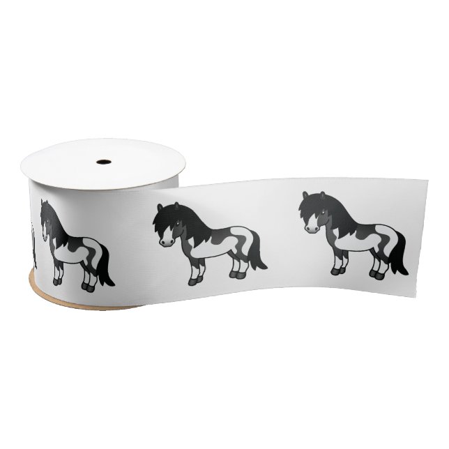 Black Pinto Shetland Pony Cartoon Illustration Satin Ribbon (Spool)