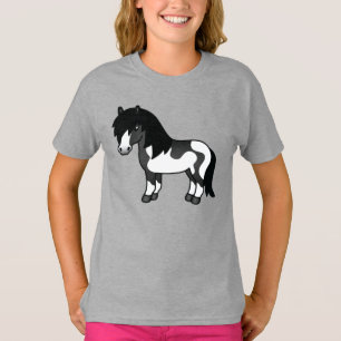 Black Pinto Shetland Pony Cartoon Illustration T-Shirt
