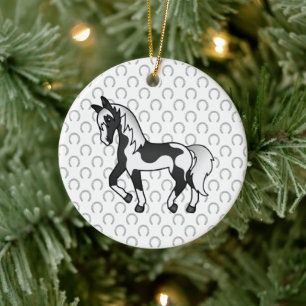Black Pinto Trotting Horse Cartoon Illustration Ceramic Tree Decoration