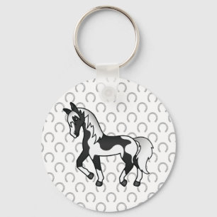 Black Pinto Trotting Horse Cartoon Illustration Key Ring