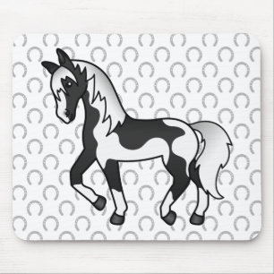 Black Pinto Trotting Horse Cartoon Illustration Mouse Mat