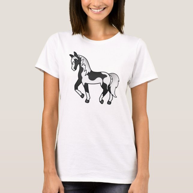 Black Pinto Trotting Horse Cartoon Illustration T-Shirt (Front)