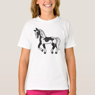 Black Pinto Trotting Horse Cartoon Illustration T-Shirt