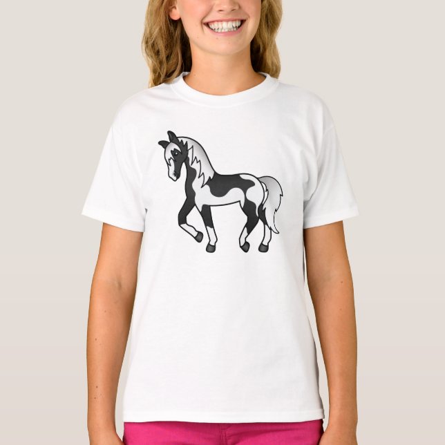 Black Pinto Trotting Horse Cartoon Illustration T-Shirt (Front)