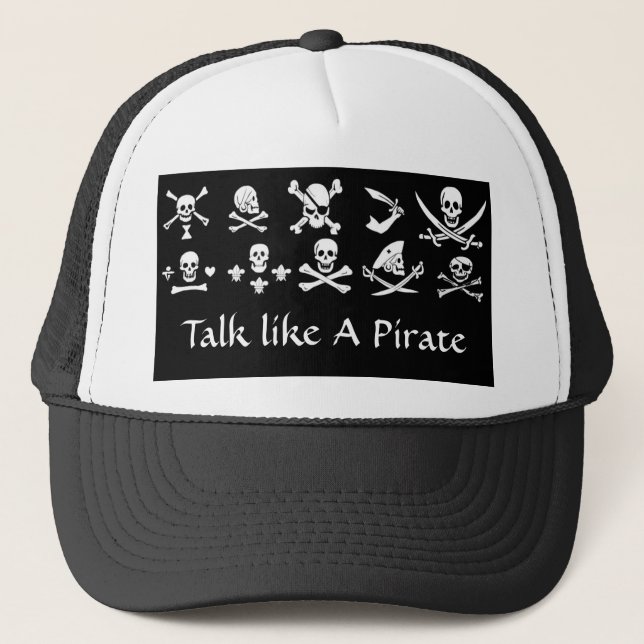 BLACK PIRATE BANNERS SKULL,CROSSED BONES,SWORDS TRUCKER HAT (Front)