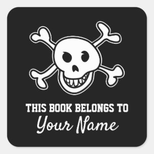 Black pirate flag bookplate sticker for kid's book