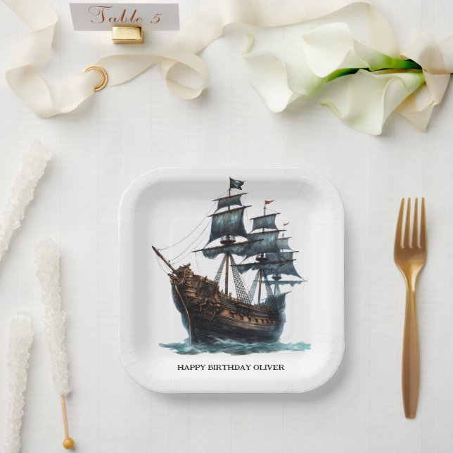  Black Pirate Ship Birthday Paper Plate (Wedding)