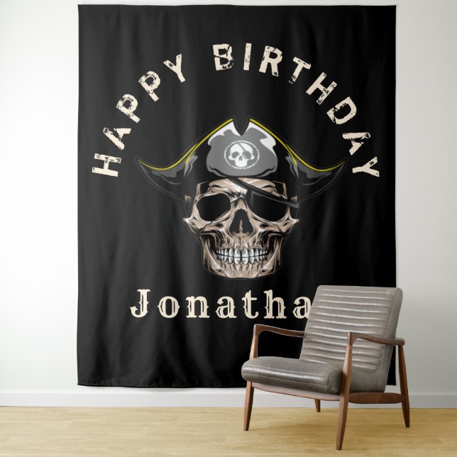 Black Pirate Skull Captain Jack BACKDROP Tapestry (In Situ)