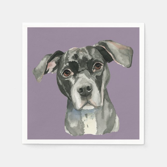 Black Pit Bull Dog Watercolor Portrait Napkin (Front)