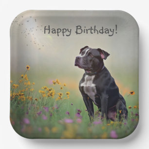Black Pitbull Birthday Paper Plate