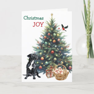 Black Pitbull Dog, Bullfinch and Holiday Tree Card