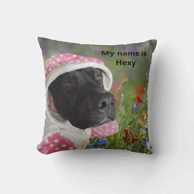 Black Pitbull in a Pink Polka Dot Hood – Floral Me Cushion (Front)