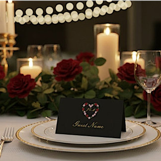 Black Place Card- Black Floral Heart Name Card
