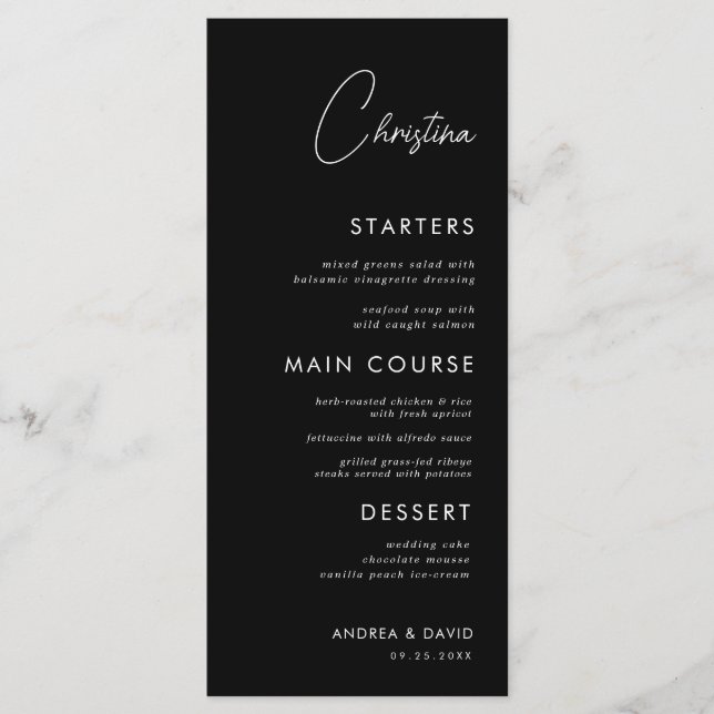 Black Place Card Menu with Custom Guest Name (Front)