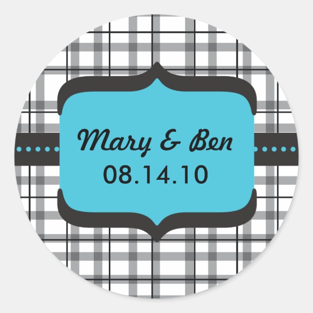 Black Plaid and Blue Wedding Monogram Classic Round Sticker (Front)