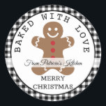 Black Plaid Baked With Love Christmas Cookies Classic Round Sticker<br><div class="desc">Baked with love from the kitchen of stickers to add to your Christmas baking gifts.The classic black and white plaid pattern adds a festive look to the homemade with love  stickers. Personalise with your name and seal the Christmas goodies bag.</div>