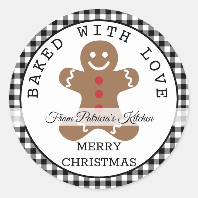 Black Plaid Baked With Love Christmas Cookies Classic Round Sticker (Front)