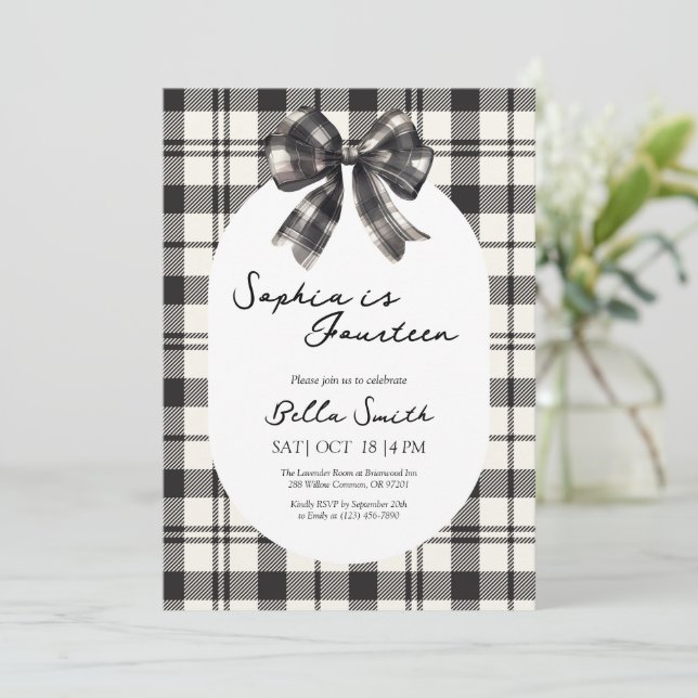 Black Plaid Bow Birthday Invitation (Standing Front)