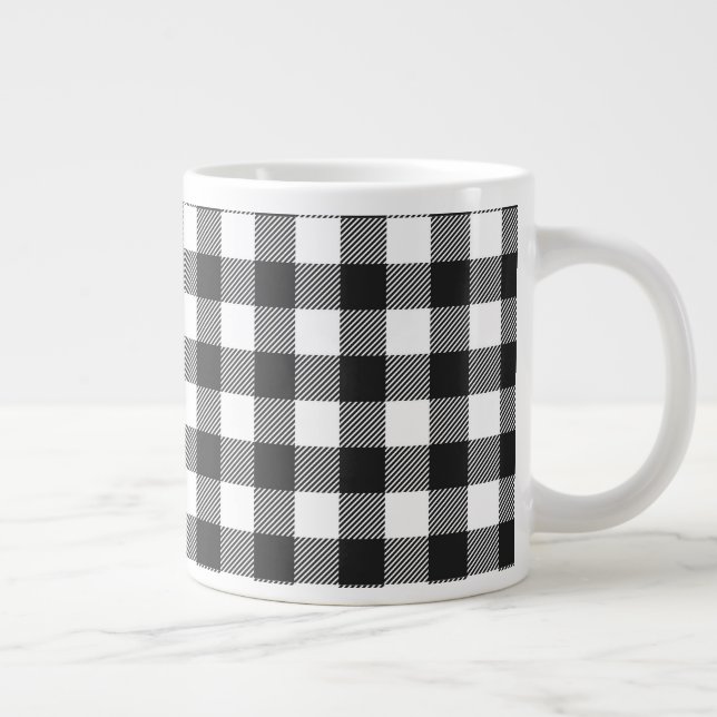 Black Plaid Buffalo Check Pattern Large Coffee Mug (Right)