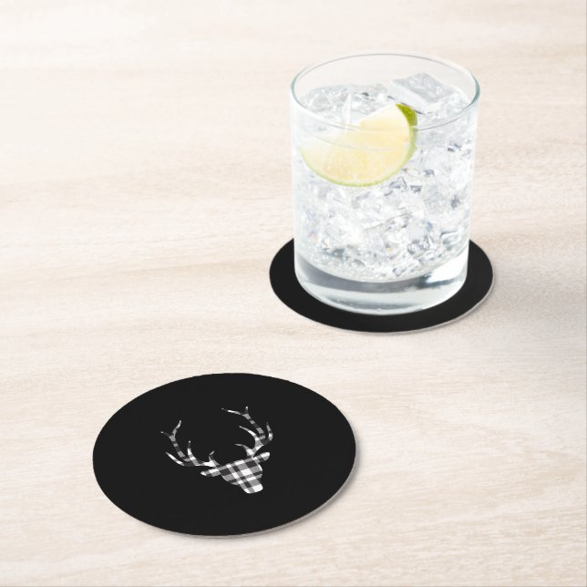 Black Plaid Check Deer Christmas  Round Paper Coaster (Insitu)