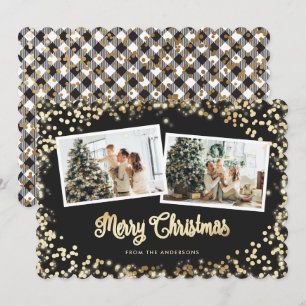 Black Plaid Gold Christmas Magic Lights Photo Holiday Card