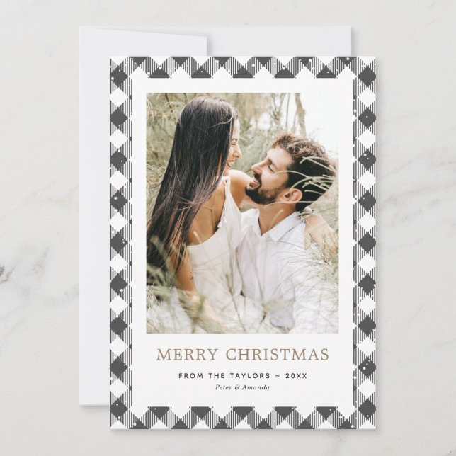 Black Plaid Gold Snow Photo Merry Christmas Card (Front)