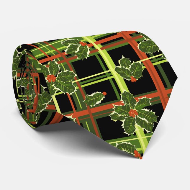 Black Plaid Holly Berries Christmas Tie (Rolled)