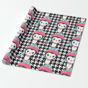 Black Plaid Pink Penguin Wrapping Paper