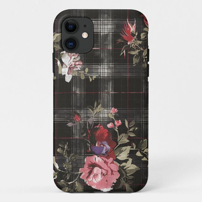 Black Plaid Red Roses Case-Mate iPhone Case (Back)