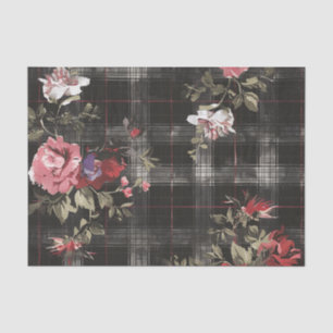 Black Plaid Red Roses Tissue Paper
