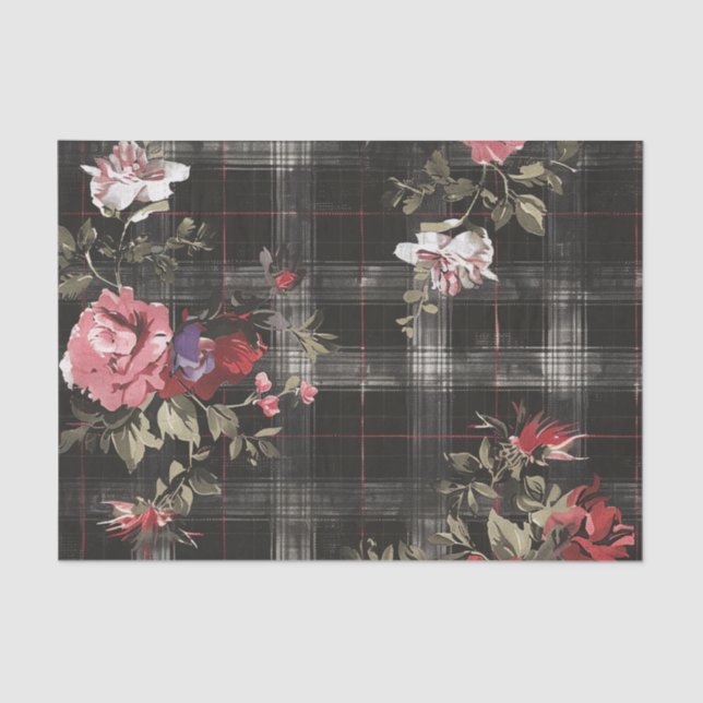 Black Plaid Red Roses Tissue Paper (Front)