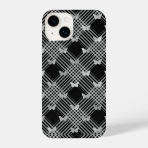 Black Plaid & Silver Butterflies iPhone 14 Cases