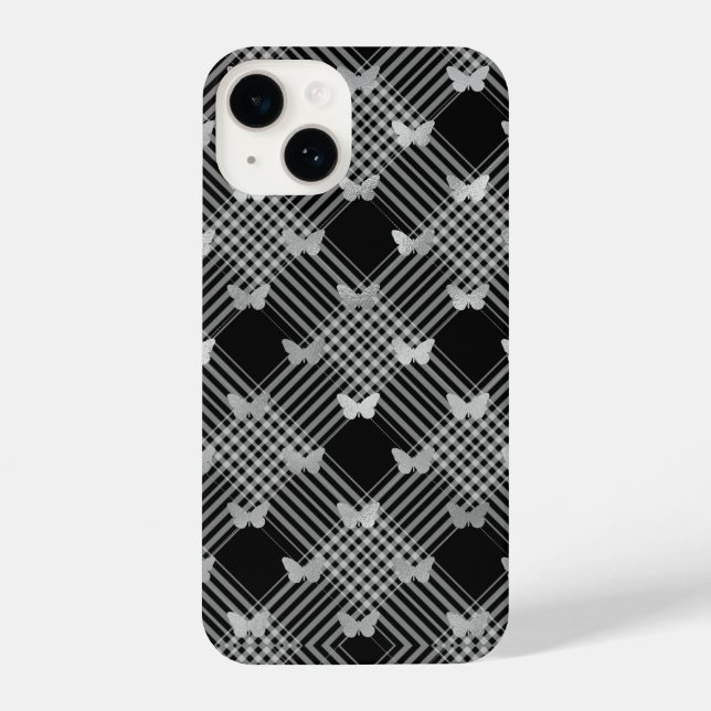 Black Plaid & Silver Butterflies iPhone 14 Cases (Back)