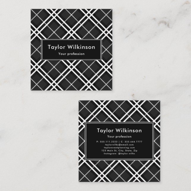 Black Plaid Square Business Card (Front/Back)