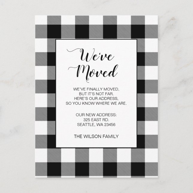 Black Plaid We've Moved Holiday Announcement Postcard (Front)