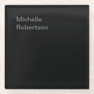 Black Plain Minimalist Add Own Name Glass Coaster