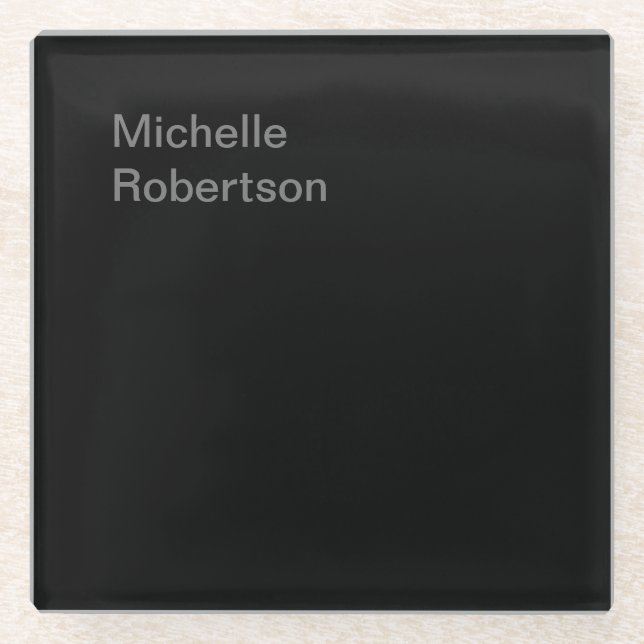 Black Plain Minimalist Add Own Name Glass Coaster (Front)