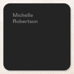 Black Plain Minimalist Add Own Name Square Paper Coaster
