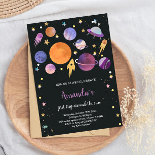 Black Planets Outer Space Birthday Invitations