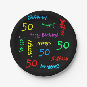 Black Plates, 50th Birthday Party, Repeating Names Paper Plate
