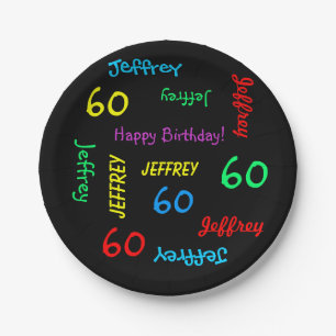 Black Plates, 60th Birthday Party, Repeating Names Paper Plate
