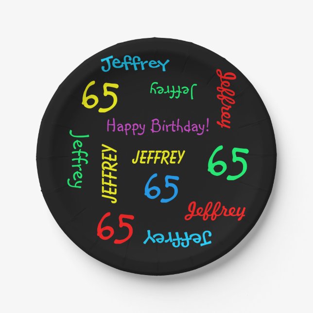 Black Plates, 65th Birthday Party, Repeating Names Paper Plate (Front)