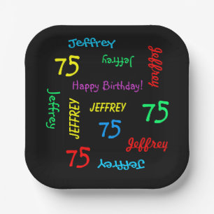 Black Plates, 75th Birthday Party, Repeating Names Paper Plate