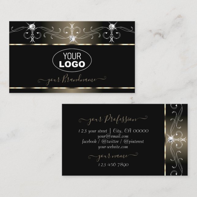 Black Platinum Squiggles Sparkle Jewels with Logo Business Card (Front/Back)
